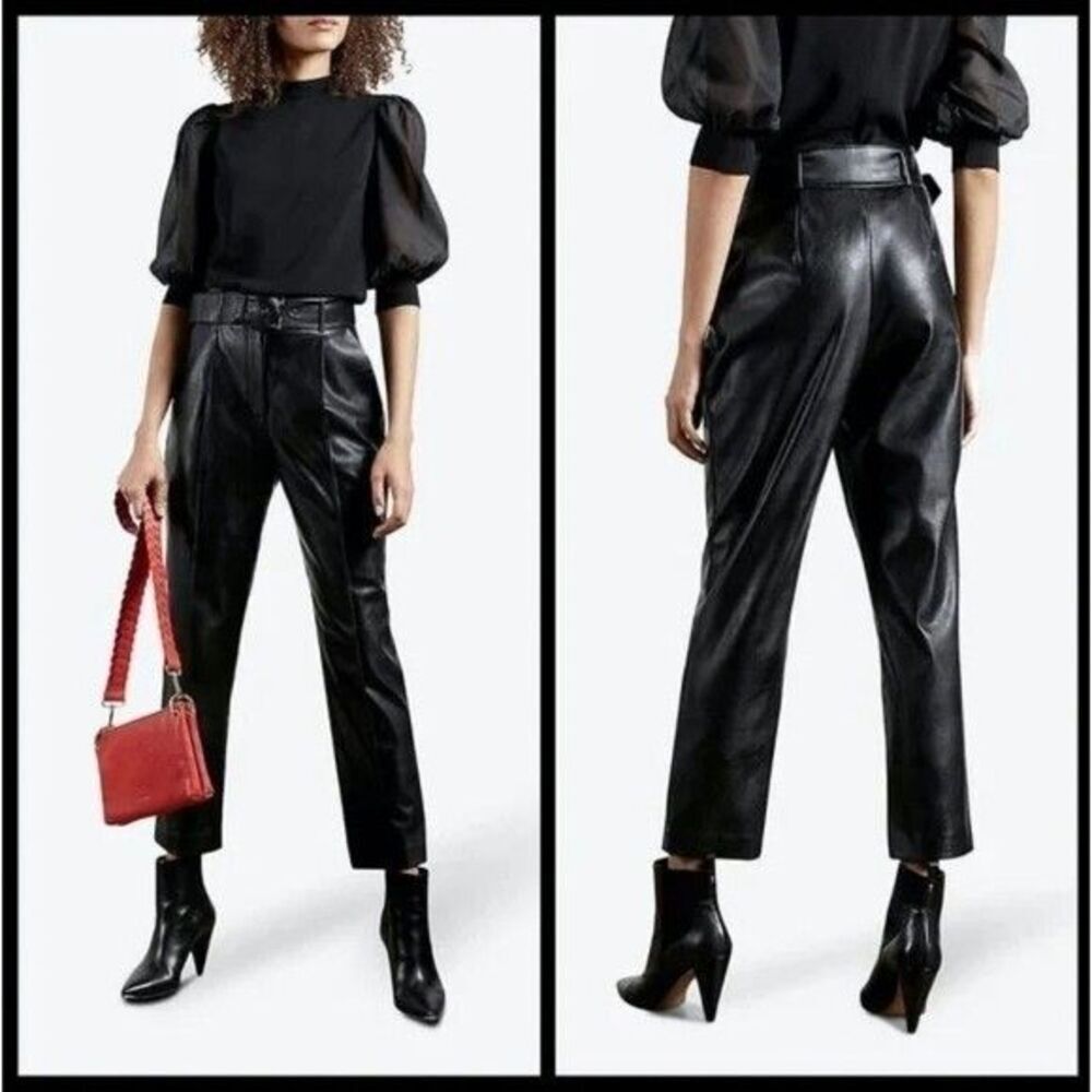 Ted Baker "Faydell" Black Faux Leather Belted Straight-Leg Pants Size 3/US 8 NWT